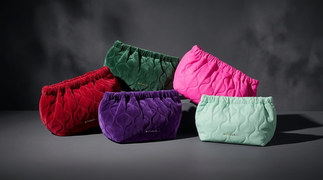 three vibrant pouches—gold, brown with circles & teal—each with tassels, highlighting Rituals' designs.